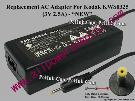 AOK For Kodak Camera- AC Adapter KWS0325, 3V 2.5A, (0.3/2.35mm), (2-prong) - Click Image to Close
