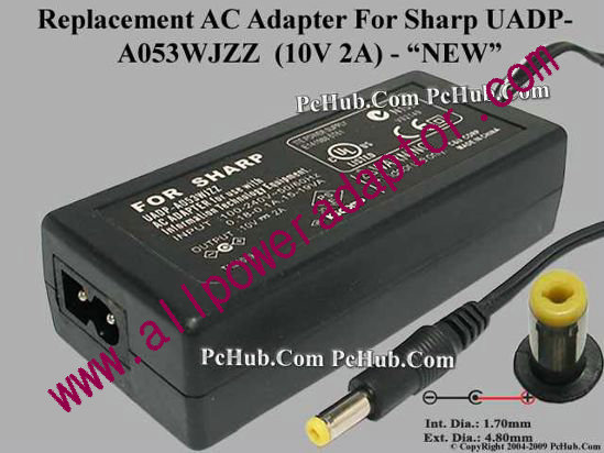 AOK For Sharp Camera- AC Adapter UADP-A053WJZZ, 10V 2A, (1.7/4.8mm), (2-prong) - Click Image to Close