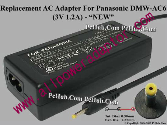 AOK For Panasonic Camera- AC Adapter DMW-AC6, 3V 1.2A, (0.3/2.35), (2-prong)