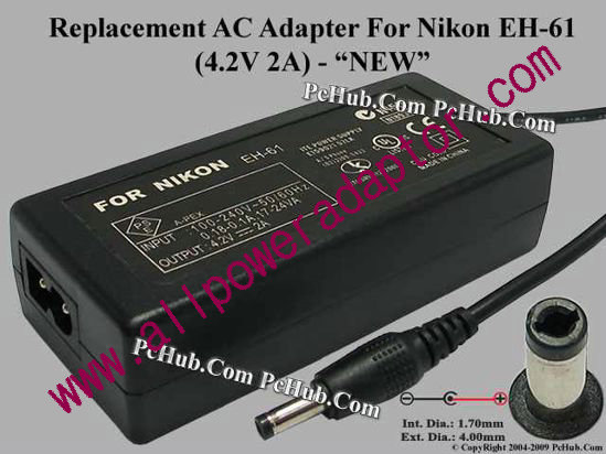 AOK For Nikon Camera- AC Adapter EH-61, 4.2V 2A, (1.7/4.0mm), (2-prong)