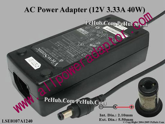 ViewSonic AC Adapter 5V-12V 12V 3.33A, 5.5/2.1mm, C14