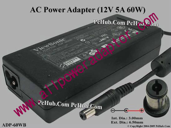 ViewSonic AC Adapter 5V-12V 12V 5A, 6.3/3.0mm, 3-Prong