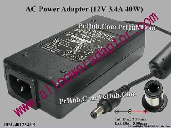 ViewSonic AC Adapter 5V-12V HPA-401234U3 CO-A28, 12V 3.4A, Tip-C, (IEC C14)