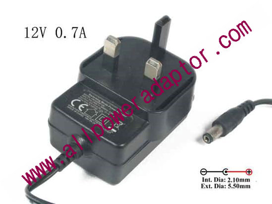 AOK Other Brand AC Adapter 5V-12V 12V 0.7A, 5.5/2.1mm, UK 3-Pin, New
