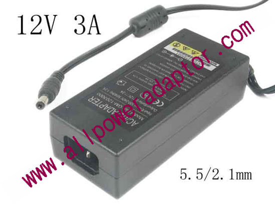 OEM Power AC Adapter - Compatible GM-1203000, 12V 3A, 5.5/2.1mm, C14, New