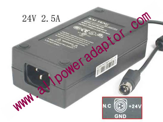 OEM Power AC Adapter - Compatible KT-118C-60B, 24V 2.5A, 3-Pin Din, C14, New
