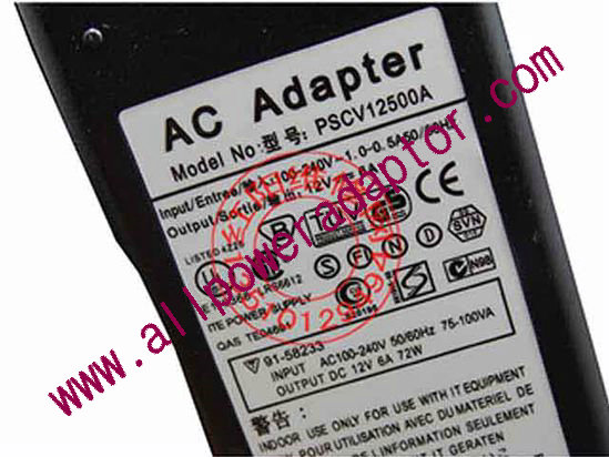 OEM Power AC Adapter - Compatible PSCV12500A, 12V 6A 5.5/2.5mm, 3-Prong, New