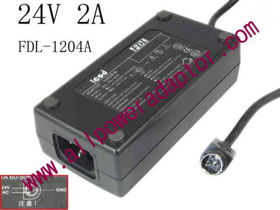 OEM Power AC Adapter - Compatible FDL-1204A, 24V 2A, 3-Pin Din, C14, New