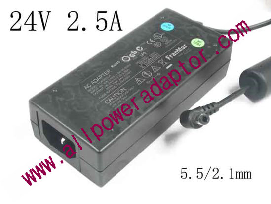 OEM Power AC Adapter - Compatible GS60A24-P1J, 24V 2.5A 5.5/2.1mm, C14, New