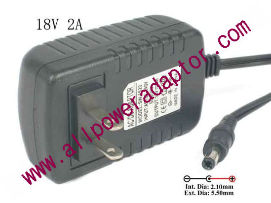 AOK OEM Power AC Adapter - Compatible 18V 2A, Barrel 5.5/2.1mm, US 2-Pin Plug
