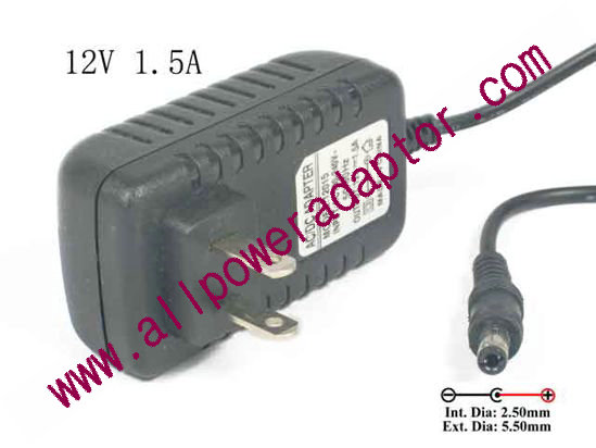 AOK OEM Power AC Adapter - Compatible 12V 1.5A, Barrel 5.5/2.5mm, US 2-Pin Plug - Click Image to Close