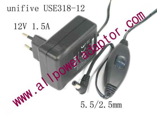 unifive USE318-12 AC Adapter 5V-12V 12V 1.5A, 5.5/2.5mm, EU 2P