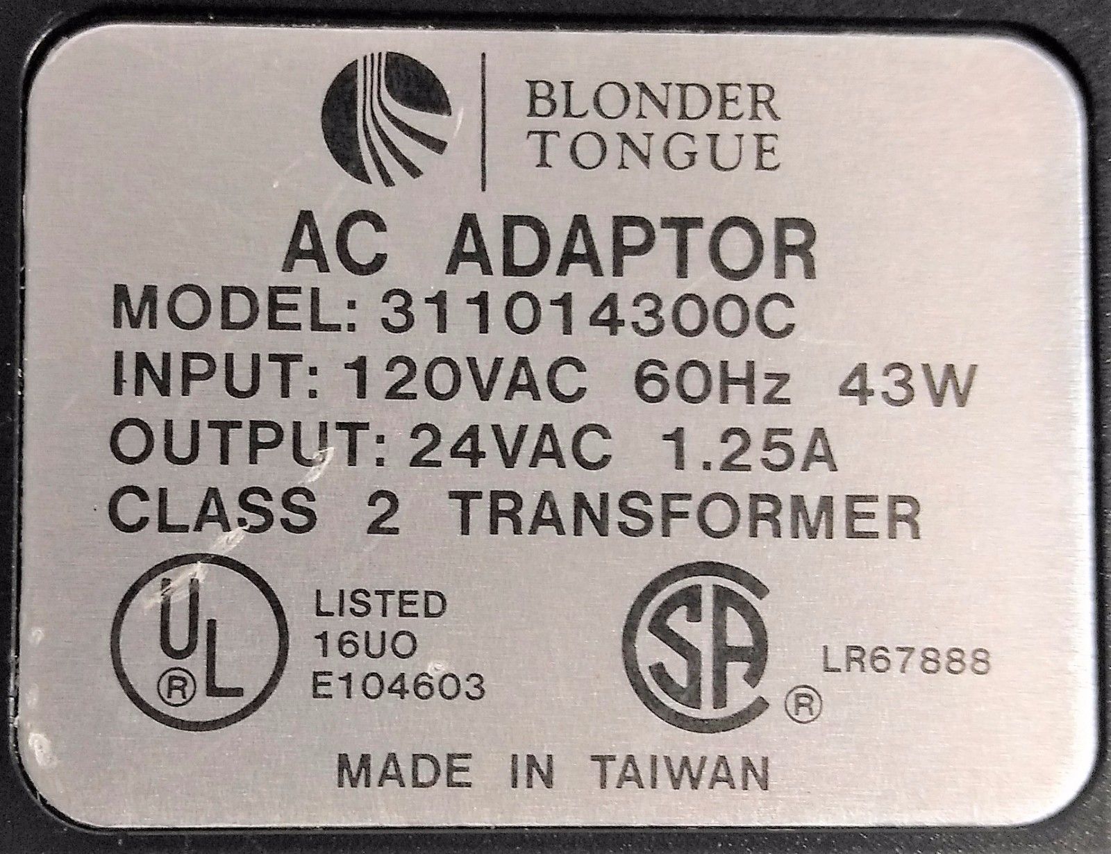 NEW 24V 1.25A Blonder Tongue 311014300C AC Adaptor