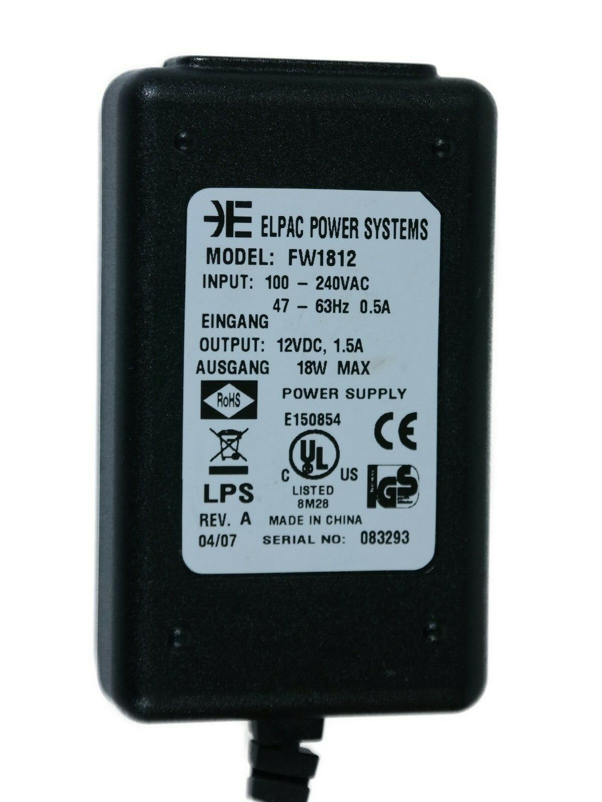 NEW 12V 1.5A Elpac FW1812 AC Adapter - Click Image to Close