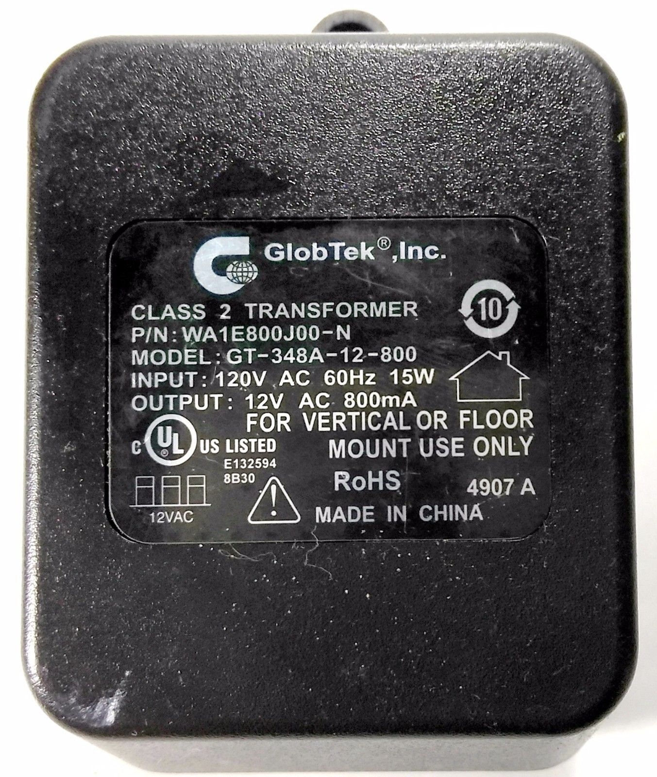 NEW 12V AC 800mA GlobTek GT-348A-12-800 AC Adapter