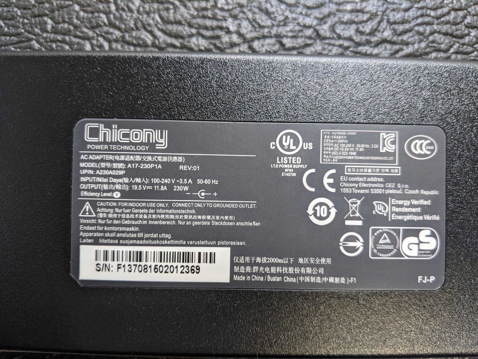 *Brand NEW* Chicony AC Adapter A17-230P1A 19.5V DC 11.8A 230W MSI Clevo Gigabyte Charger - Click Image to Close