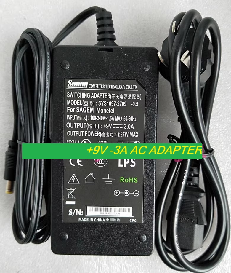 *Brand NEW* SYS1097-2709 QX30WH090300F Sunny +9V -3A AC ADAPTER Power Supply - Click Image to Close