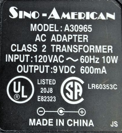 NEW 9V 600mA Sino-American A30965 AC Adapter