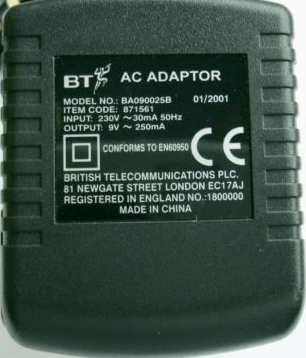 NEW 9V 250mA BT BA090025B AC ADAPTER