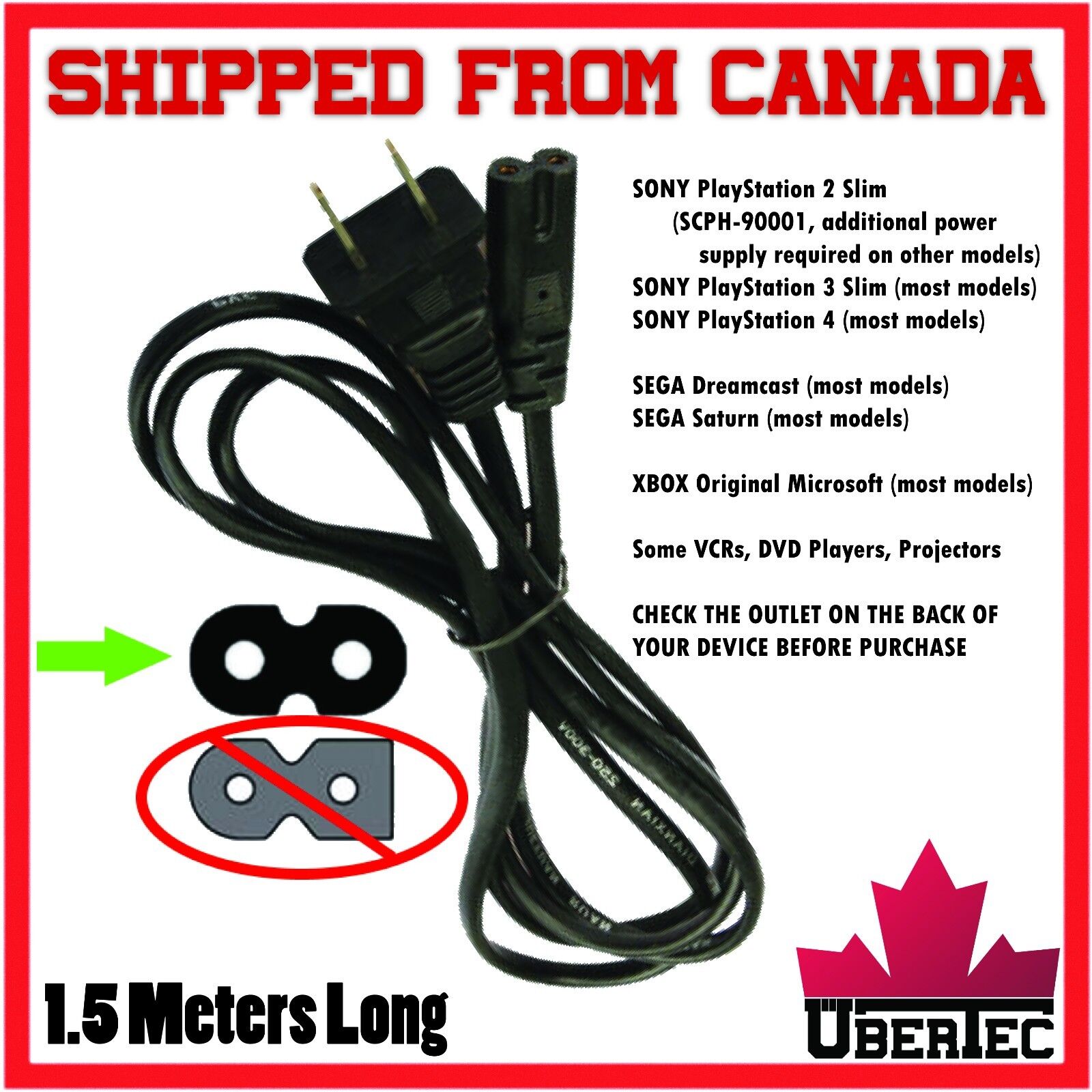 *Brand NEW* Power Cable Cord 2-Prong 8 Style For PS2 PS3 PS4 XBox Sega Dreamcast Saturn