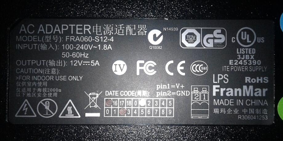 NEW 12V 5A FRA060-S12-4 POWER SUPPLY AC ADAPTER