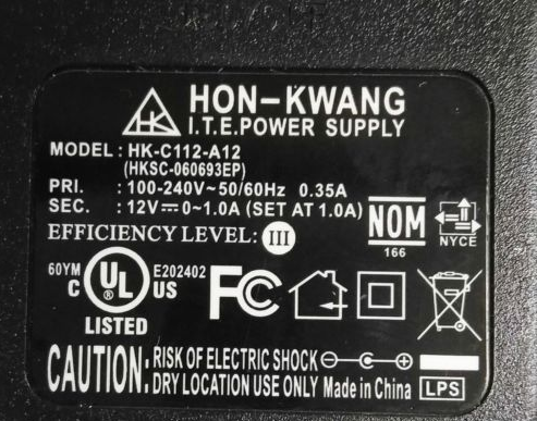 NEW 12V 0-1A Hon-Kwang HK-C112-A12 AC Adapter - Click Image to Close