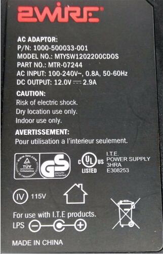 NEW 12V 2.9A 2Wire MTYSW1202200CDOS 1000-500033-001 AC Adapter