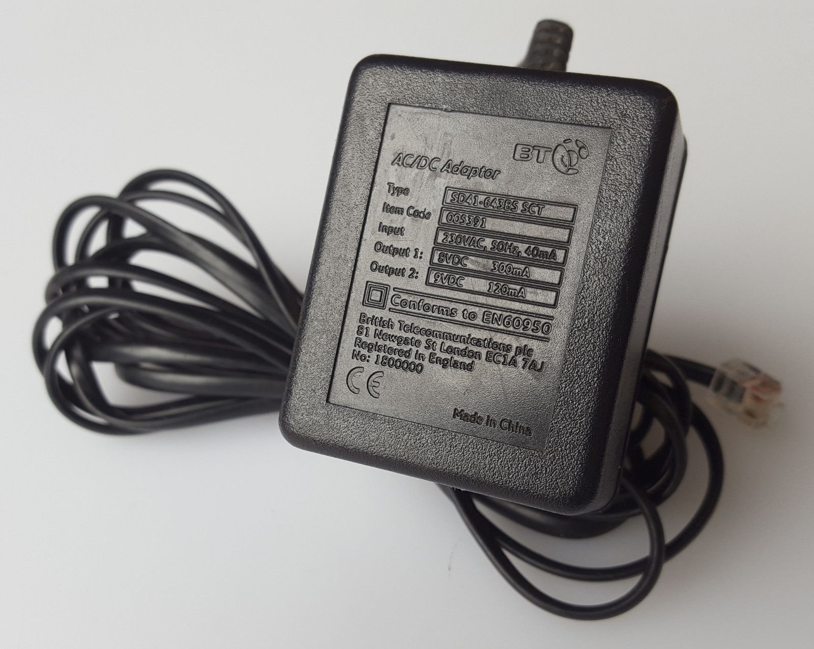 NEW 8/9VDC 300/120mA BT AC/DC ADAPTER SD41-643BS SCT 005391 UK PLUG