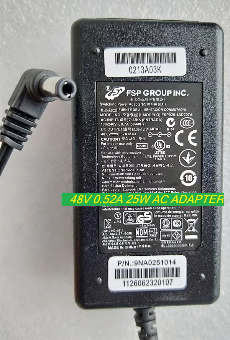 *Brand NEW*FSP025-1AD207A EWP-WA5320-FIT FSP 48V 0.52A 25W AC ADAPTER Power Supply