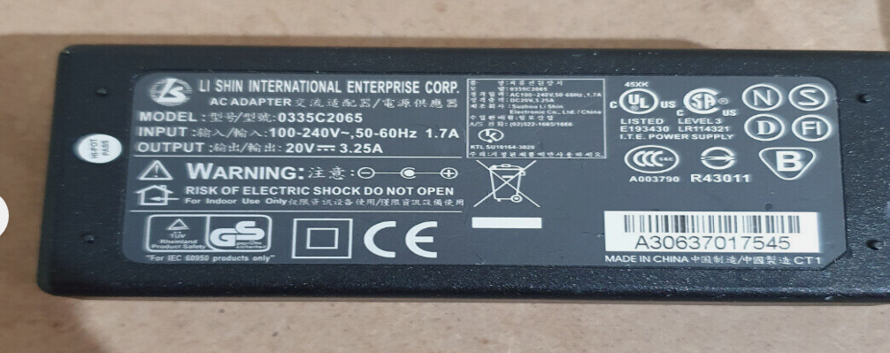 *Brand NEW*Li Shin 0335C2065 Black 20-Volts 3.25-A AC Adapter Power Supply