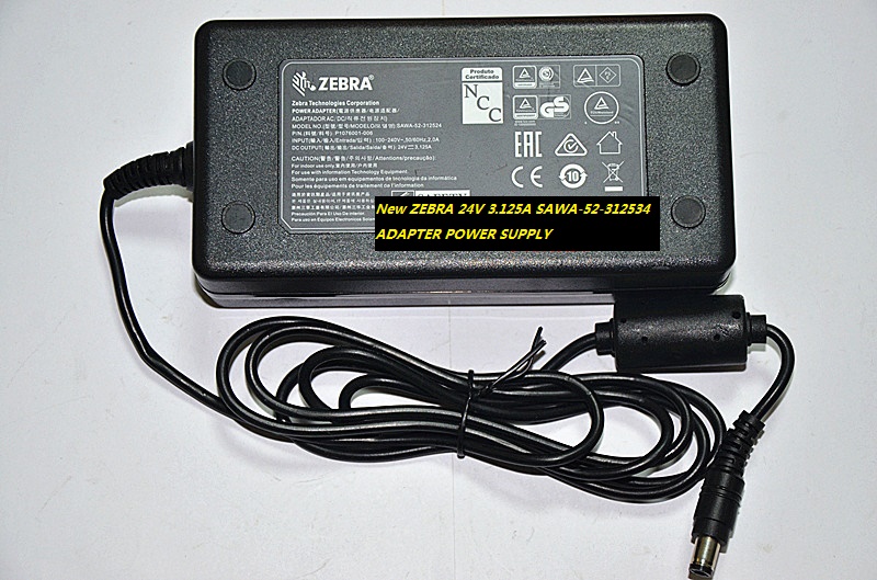 New ZEBRA 24V 3.125A SAWA-52-312534 ADAPTER POWER SUPPLY